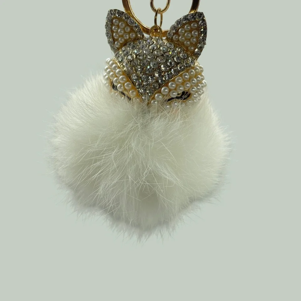 White Faux Fur Pom Pom Keychain Gold Fox Rhinestone Pearl Bag Charm Accessory